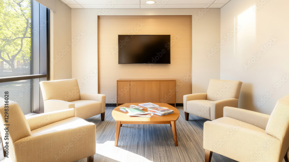 Fototapeta premium Cozy breakroom featuring plush seating, coffee table with reading materials, wall mounted screen creating relaxing workplace environment