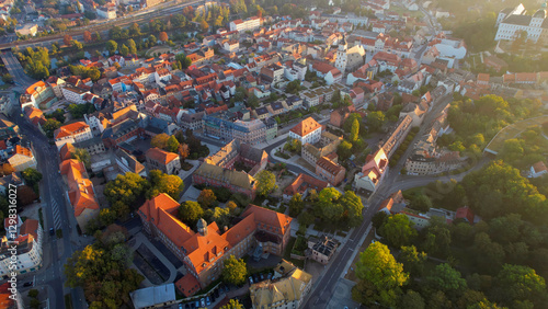 Obraz na płótnie Aerial panorama view around the old town of the city Weissenfels or Weißenfels in Germany on a sunny morning in spring. w salonie