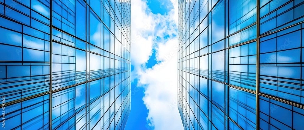 Obraz premium Two Modern Glass Buildings Against a Blue Sky with White Clouds