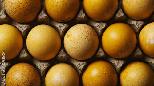 Vibrant yellow eggs nestled in eco friendly recycled paper carton, forming symmetrical geometric arrangement photo