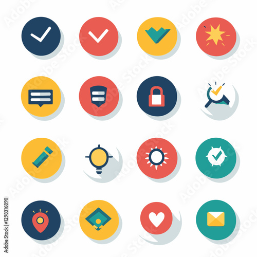 Colorful Flat Design Vector Icon Set: Checkmarks, Security, and Messages
