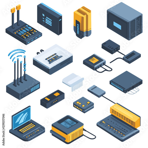 Network Devices and Computer isometric Illustration on white background