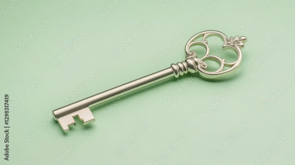 Silver key with crown shaped ornate handle lying on a light green background, representing financial independence and unlocking wealth Silver key with crown shaped ornate handle lying on a light green background, representing financial independence and unlocking wealth