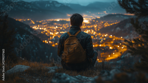 Traveler Overlooking a Glowing City at Night – Adventure and Solitude