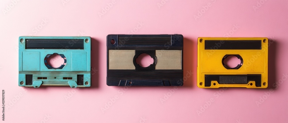 Fototapeta premium Three Vintage Video Cassettes on a Pink Background