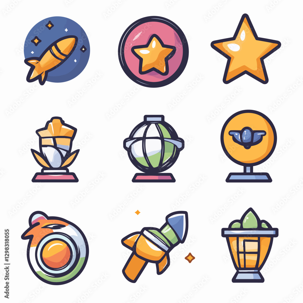 Space themed icon set featuring rockets stars and planets on white grid Space themed icon set featuring rockets stars and planets on white grid
