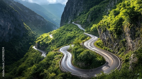 Stunning mountain road with hairpin turns, bordered by lush foliage, cut out from rocky slopes