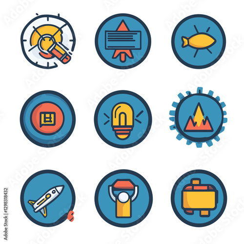 Diverse Icon Set: Target, Presentation, Fish, Chat, Lightbulb and more.