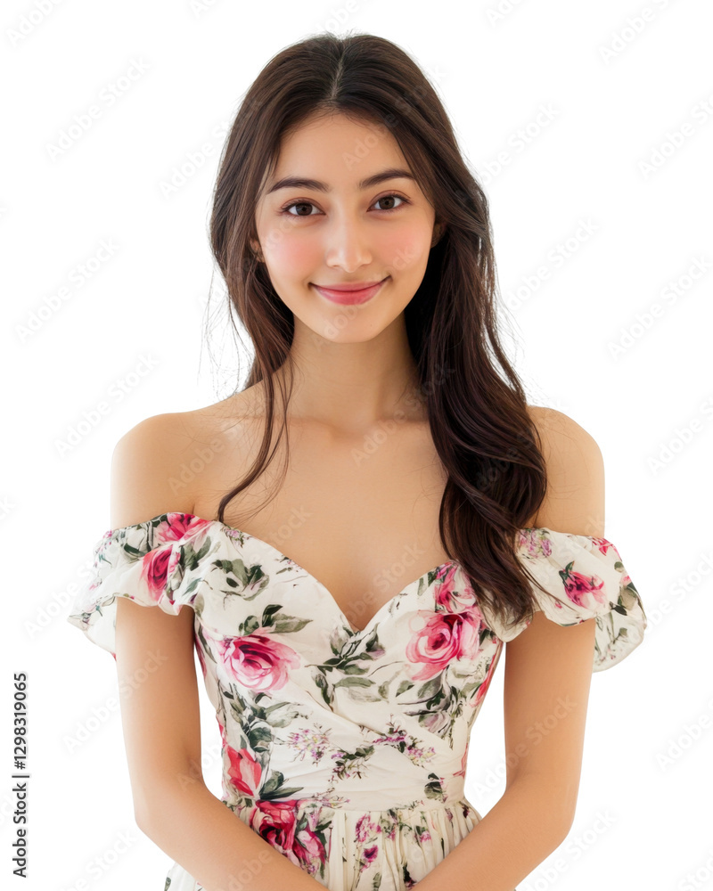 Smiling young woman wearing floral dress with transparent background Smiling young woman wearing floral dress with transparent background