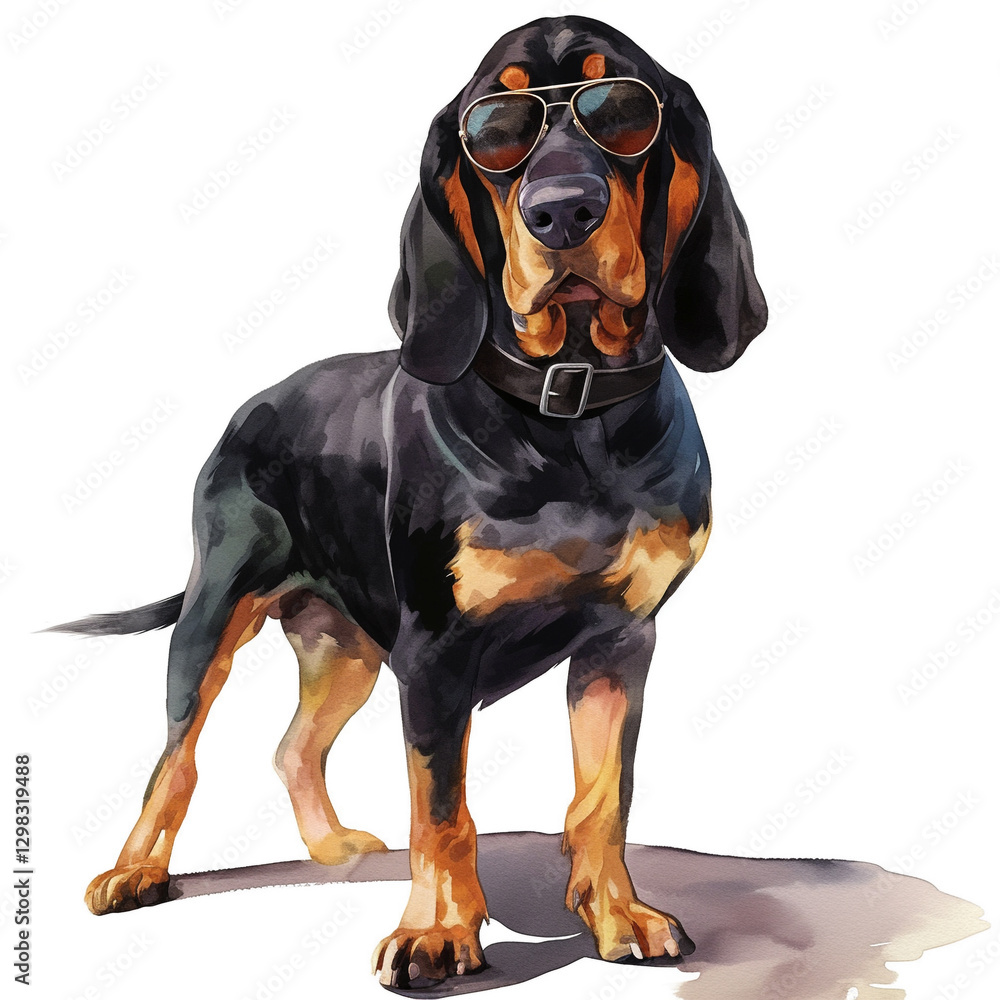 Obraz premium Stylish Black And Tan Coonhound Dog Wearing Trendy Sunglasses Enjoying a Sunny Day Outdoors Showcasing a Fun and Playful Personality in a Vibrant Setting