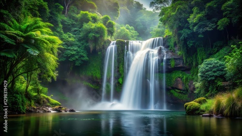 waterfall isolated on black background with lush greenery and trees surrounding it, mist rising from the water surface