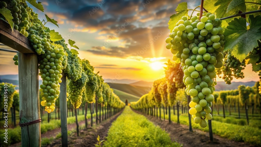 Obraz premium Lush green vines of Chardonnay grapes hanging from wooden trellises amidst the rolling hills of a Dizy Champagne vineyard at dawn , Dizy, Chardonnay Vineyard