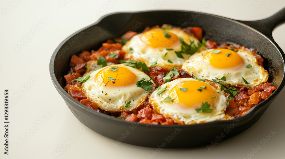Close up of four fried eggs with runny yolks and crispy edges on a bed of cooked tomatoes and bacon, garnished with fresh parsley in a cast iron skillet Close up of four fried eggs with runny yolks and crispy edges on a bed of cooked tomatoes and bacon, garnished with fresh parsley in a cast iron skillet