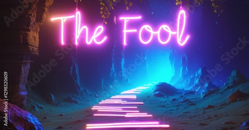 Neon sign fool tarot figure glowing celestial cliff mystical path leading unknown bright colorful realistic photo