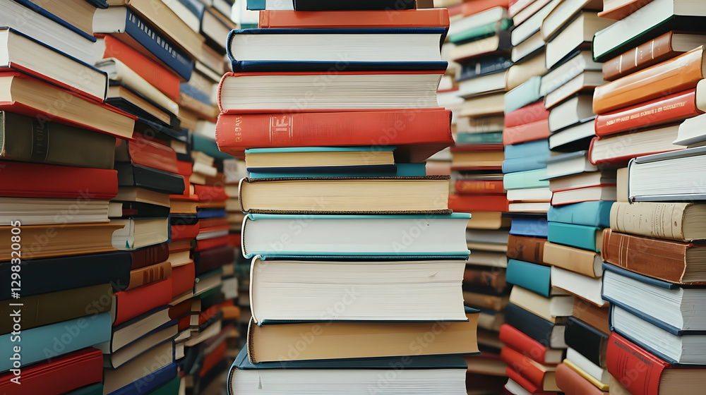 Vibrant Book Stack in a Narrow Passage of Books with Colorful Covers and Varied Textures Vibrant Book Stack in a Narrow Passage of Books with Colorful Covers and Varied Textures