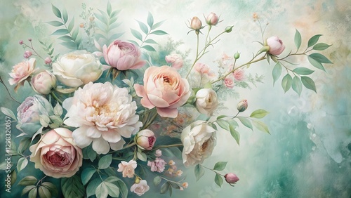 A Delicate Arrangement of Pastel Roses and Peonies on a Soft Green Background