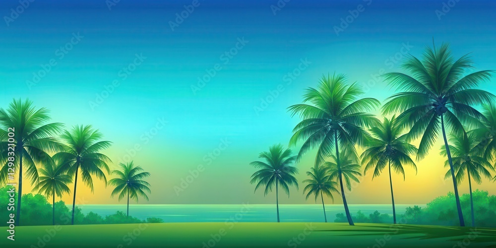 Obraz premium Tropical landscape with blue and green gradient background in shades of turquoise and lime