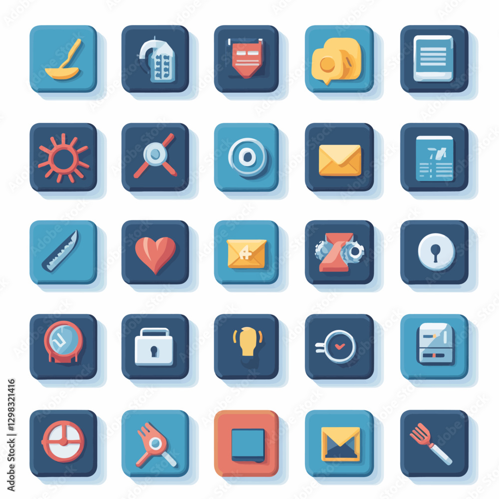 Set of 25 Square Icons with Blue and Orange Color Palette Design Set of 25 Square Icons with Blue and Orange Color Palette Design