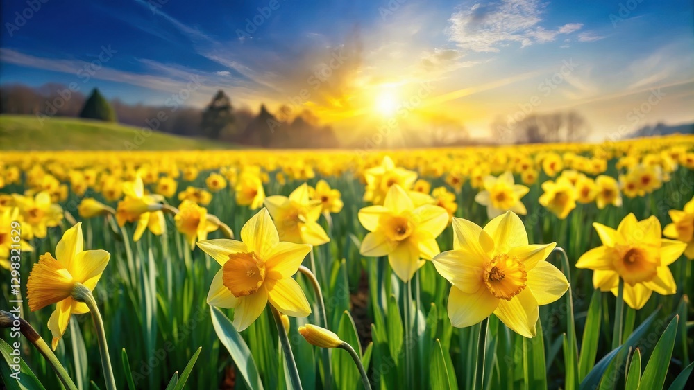 Fototapeta premium A vibrant yellow daffodil field swaying gently in the spring breeze , green fields, sunshine