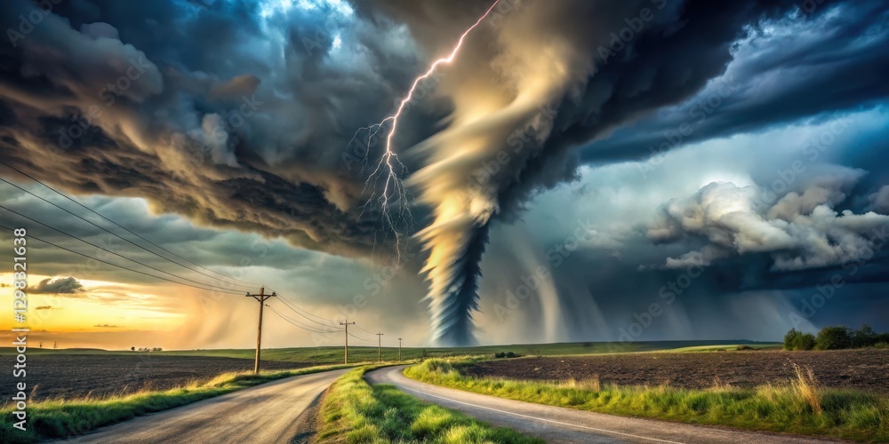 Powerful tornado ripping through a rural landscape with trees and power lines snapping in its path, landscape, weather Powerful tornado ripping through a rural landscape with trees and power lines snapping in its path, landscape, weather