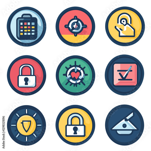 Set of nine various icons related to security and miscellaneous ideas