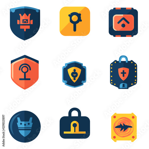 Security icons set vector in flat design, shield, padlock, arrow icons