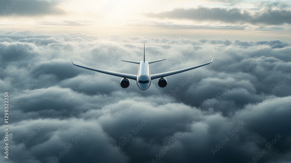 Obraz premium Soaring High: A commercial airliner gracefully ascends through a sea of soft, fluffy clouds, with the radiant sun peeking through, depicting a breathtaking flight into the unknown.