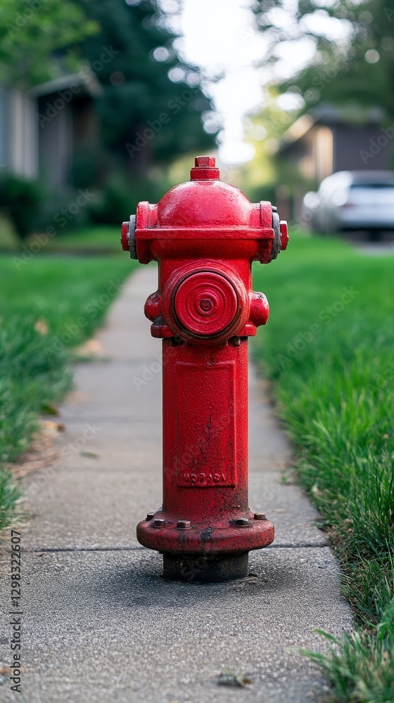 Bright Red Fire Hydrant on Sidewalk with Green Grass Surrounding Bright Red Fire Hydrant on Sidewalk with Green Grass Surrounding