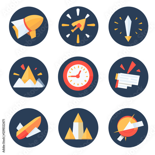 Startup Rocket, Productivity Time Clock, and Data Analysis Abstract Icons