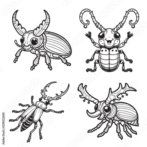 "High-Quality Cute Cartoonic Longhorn Beetle Outline Vector Illustrations"