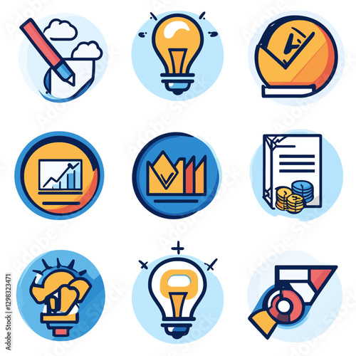 Business Strategy Icons Set: Data Analysis, Ideas, Solution, and Finance