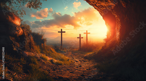 Empty Tomb with Glowing Sunrise and Three Crosses on a Hill – Easter Resurrection Concept