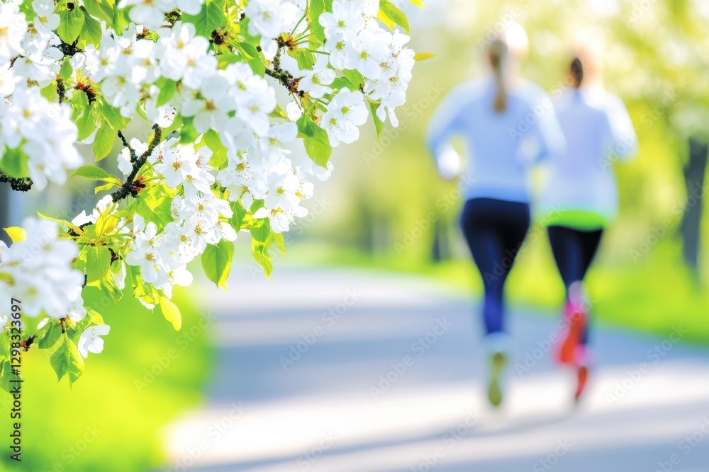 Obraz premium Women Jogging Under A Canopy Of Flowering Trees