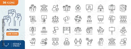 Activism line editable icon set.  Containing protest, activist, demonstration, strike, advocacy, petition, human rights, and more. Vector illustration