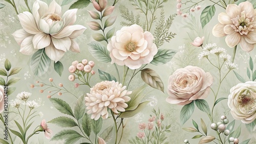Elegant Pastel Floral Design Featuring Delicate Roses, Dahlias, and Other Blooming Flowers on a Soft Green Background