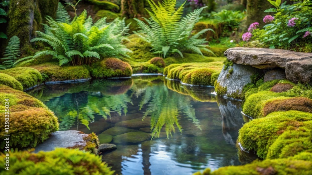 Serene Pond Reflecting Lush Ferns and Mossy Rocks in a Tranquil Garden Setting Serene Pond Reflecting Lush Ferns and Mossy Rocks in a Tranquil Garden Setting