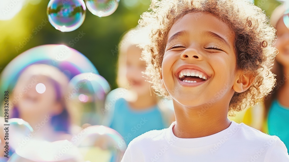 Happy Kid Smiling Amid Colorful Bubbles Fun Happy Kid Smiling Amid Colorful Bubbles Fun