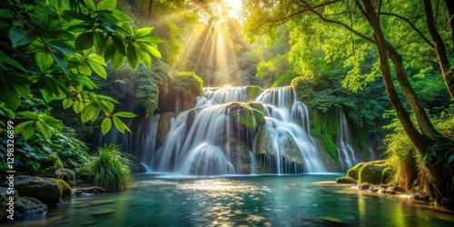 Waterfall cascading through dense foliage with sunlight filtering through leaves