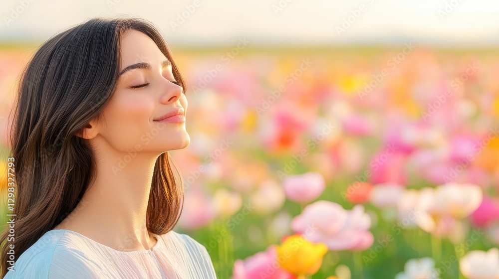 Naklejka premium Hopeful Woman Amidst Pink Blossom Flowers