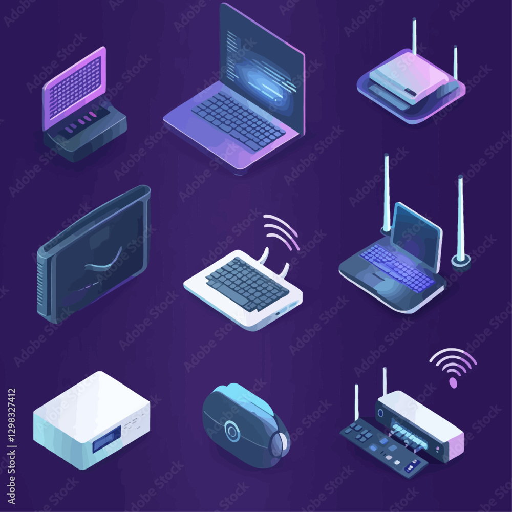 Isometric Tech Collection: Laptops, Routers, Server, and Futuristic Devices Isometric Tech Collection: Laptops, Routers, Server, and Futuristic Devices