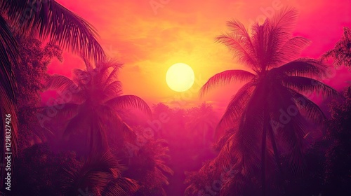 Tropical Sunset Over Lush Jungle