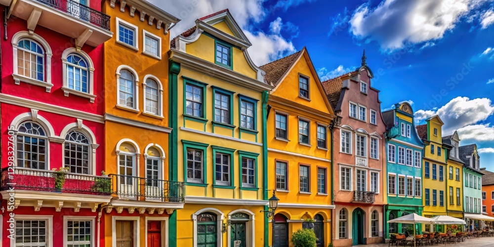 Obraz premium Building facades lined with vibrant colors, historic town, quaint town, historic town, quaint town