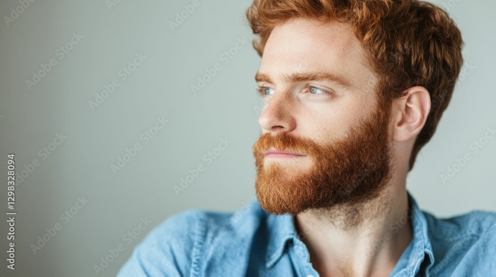 Obraz premium Redheaded man with a beard sitting on a bed in a contemplative pensive pose deep in thought and self reflection The moody minimalist setting with a gray background creates an atmospheric