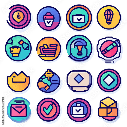 Colorful Icon Set Representing Business, E-commerce, Travel, and Security