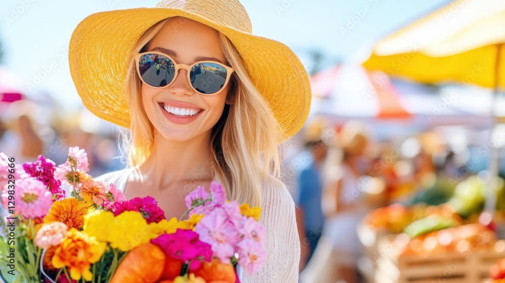 Fototapeta premium Blonde Woman Carrying Colorful Flowers In Market