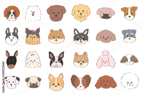 ゆるかわいい人気の愛玩犬の顔のイラストセット　白バック