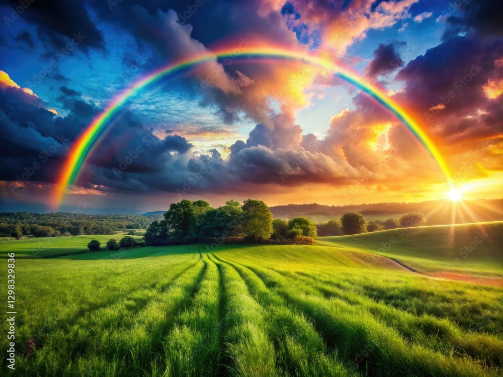 Naklejka premium A dreamy rainbow arches over a field bathed in magical, bokeh-blurred light.