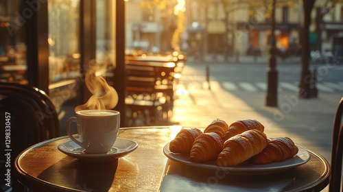 Fototapeta Naklejka Na Ścianę i Meble -  Warm coffee and  croissants parisian cafe morning sunlight cup food city cozy drink table enjoy relax