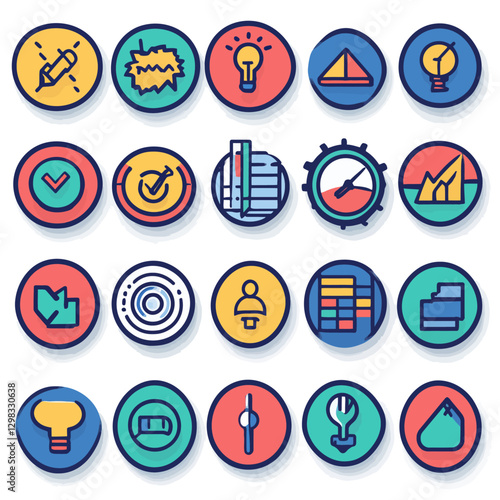 Business Management Colorful Icon Set: Project Planning and Data Analysis
