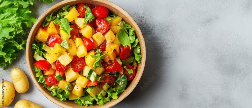 Potato, Tomato, and Cucumber Salad in a Wooden Bowl Potato, Tomato, and Cucumber Salad in a Wooden Bowl